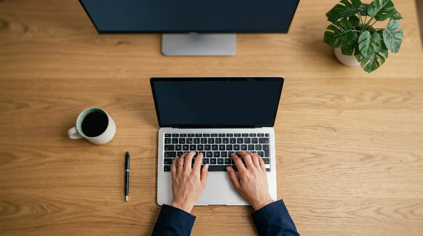 Profissional integrando informações entre sistemas no laptop.