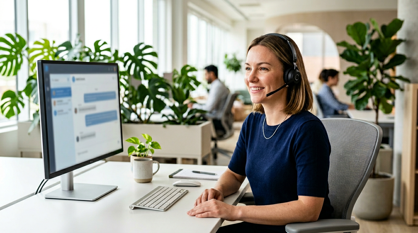 Especialista em atendimento omnichannel com headset em ambiente de trabalho limpo.