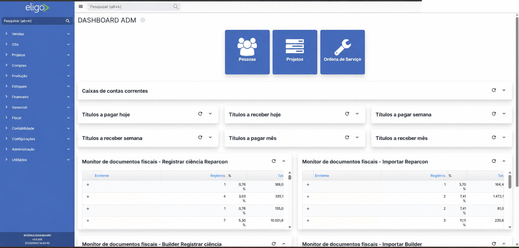 Painel real do Eligo com acesso às áreas da empresa, contas a pagar e a receber e monitor de documentos fiscais.